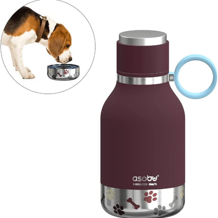 Dog Bowl Attached to Stainless Steel Insulated Travel Bottle for Human 33 Ounce (Burgundy)