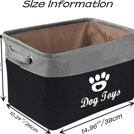 Collapsible Dog Pet Toy Box Accessory Storage Bin with Handles, Organizer Storage Basket for Pet Toys, Blankets, Leashes, and Embroidered Dog Toys Black