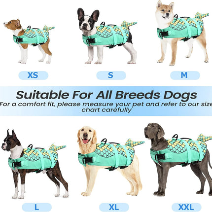 Dog Life Jacket, Adjustable Dog Life Vests Pet Life Preserver with Rescue Handle for Small Medium Large Dogs, Safety Lifesaver High Visibility Dog Swimsuit for Swimming Boating, Green Mermaid M