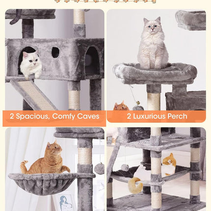 Cat Tree Cat Tower 70.1 In, Multi Level Cat Scratching Post with Condos, Ladders, Basket, Hammock & Plush Perches for Kittens, Large Cats, Light Gray