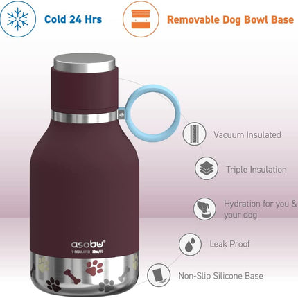 Dog Bowl Attached to Stainless Steel Insulated Travel Bottle for Human 33 Ounce (Burgundy)