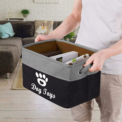 Collapsible Dog Pet Toy Box Accessory Storage Bin with Handles, Organizer Storage Basket for Pet Toys, Blankets, Leashes, and Embroidered Dog Toys Black