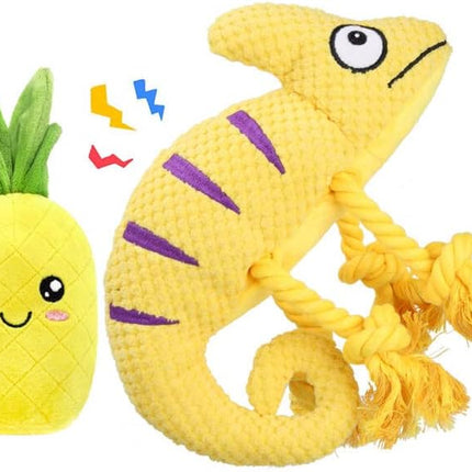 Squeaky Dog Toys, Plush Dog Toys for Medium and Small Dogs, Cute Lizard and Pineapple 2-In-1 Puppy Chew Toys -Yellow