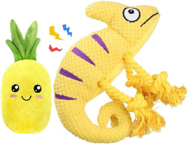 Squeaky Dog Toys, Plush Dog Toys for Medium and Small Dogs, Cute Lizard and Pineapple 2-In-1 Puppy Chew Toys -Yellow