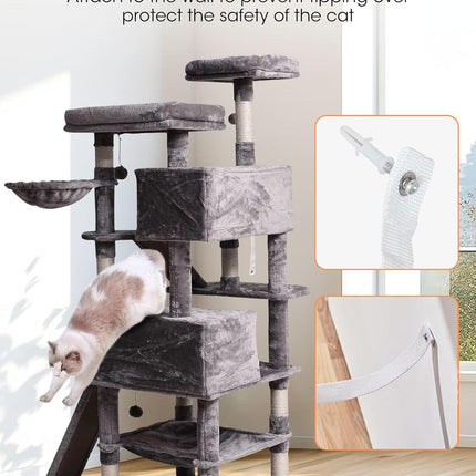 Cat Tree Cat Tower 70.1 In, Multi Level Cat Scratching Post with Condos, Ladders, Basket, Hammock & Plush Perches for Kittens, Large Cats, Light Gray