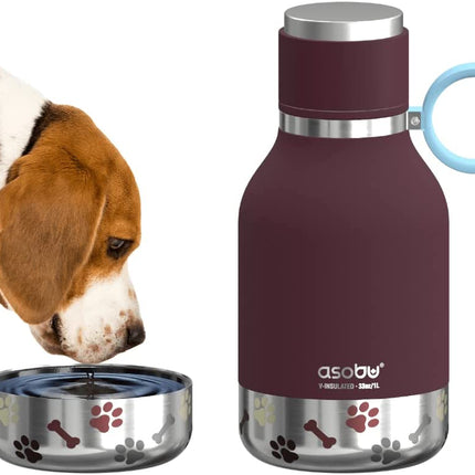 Dog Bowl Attached to Stainless Steel Insulated Travel Bottle for Human 33 Ounce (Burgundy)