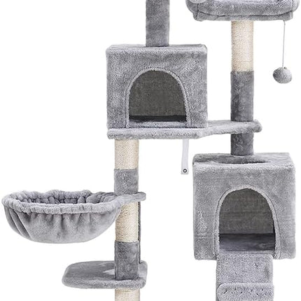 58'' Multi-Level Cat Tree Condo Furniture with Sisal-Covered Scratching Posts, 2 Plush Condos, Hammock for Kittens, Cats and Pets Light Gray MPJ013W