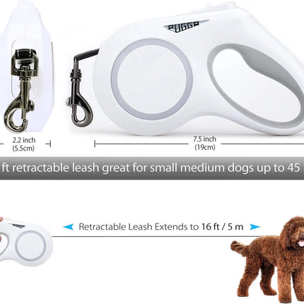 Dog Leash with LED Light for Night Walks, 16FT Rechargeable Dog Walking Leash with , 360° Tangle-Free, One-Button Control, Ergonomic Handle for Small Medium Dogs up to 55Lbs(White)