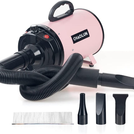 Dog Dryer, High Velocity Professional Pet Grooming Dryer with Heater, Adjustable Speed Dog Blow Dryer, 3 Nozzles and a Comb, Pink (2400W)