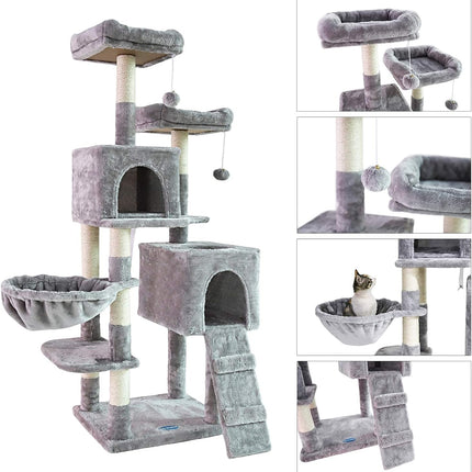 58'' Multi-Level Cat Tree Condo Furniture with Sisal-Covered Scratching Posts, 2 Plush Condos, Hammock for Kittens, Cats and Pets Light Gray MPJ013W