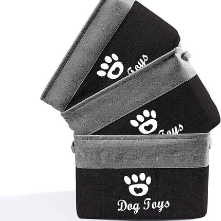 Collapsible Dog Pet Toy Box Accessory Storage Bin with Handles, Organizer Storage Basket for Pet Toys, Blankets, Leashes, and Embroidered Dog Toys Black