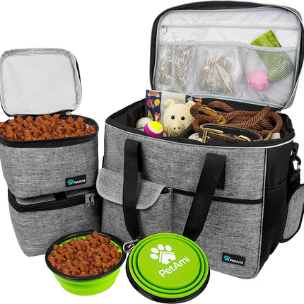 Dog Travel Bag, Travel Pet Bag Organizer, Dog Food Travel Bag with Food Container and Bowls, Dog Travel Supplies Gift Accessories for Weekend Camping, Dog Cat Diaper Bag (Grey, Large)