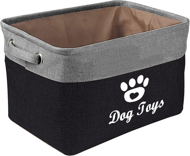 Collapsible Dog Pet Toy Box Accessory Storage Bin with Handles, Organizer Storage Basket for Pet Toys, Blankets, Leashes, and Embroidered Dog Toys Black