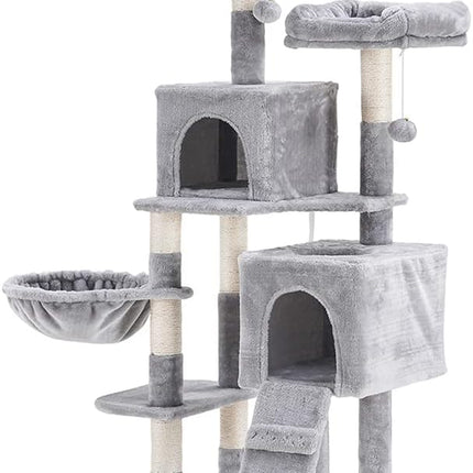 58'' Multi-Level Cat Tree Condo Furniture with Sisal-Covered Scratching Posts, 2 Plush Condos, Hammock for Kittens, Cats and Pets Light Gray MPJ013W