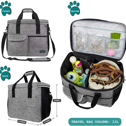 Dog Travel Bag, Travel Pet Bag Organizer, Dog Food Travel Bag with Food Container and Bowls, Dog Travel Supplies Gift Accessories for Weekend Camping, Dog Cat Diaper Bag (Grey, Large)