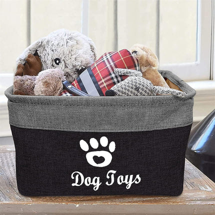 Collapsible Dog Pet Toy Box Accessory Storage Bin with Handles, Organizer Storage Basket for Pet Toys, Blankets, Leashes, and Embroidered Dog Toys Black