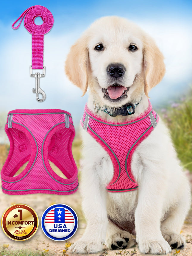 Dog Harness Including Leash (Small, Pink), Soft-Padded W/ Reflective Strips for Running, Hiking & Training by