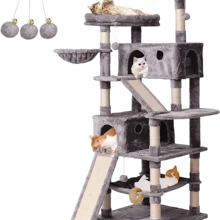 Cat Tree Cat Tower 70.1 In, Multi Level Cat Scratching Post with Condos, Ladders, Basket, Hammock & Plush Perches for Kittens, Large Cats, Light Gray