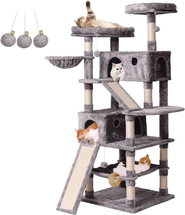 Cat Tree Cat Tower 70.1 In, Multi Level Cat Scratching Post with Condos, Ladders, Basket, Hammock & Plush Perches for Kittens, Large Cats, Light Gray