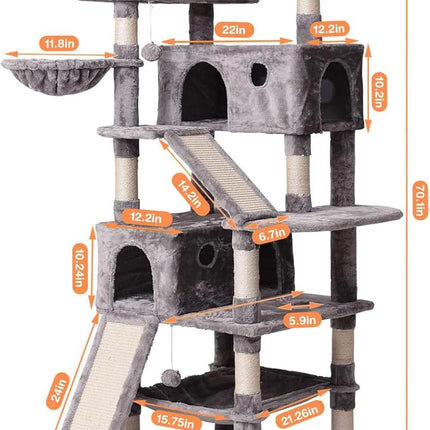 Cat Tree Cat Tower 70.1 In, Multi Level Cat Scratching Post with Condos, Ladders, Basket, Hammock & Plush Perches for Kittens, Large Cats, Light Gray