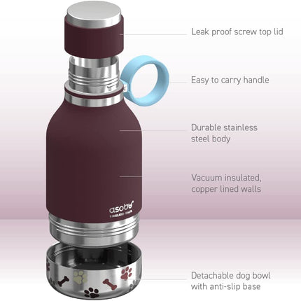 Dog Bowl Attached to Stainless Steel Insulated Travel Bottle for Human 33 Ounce (Burgundy)