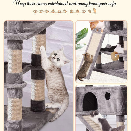 Cat Tree Cat Tower 70.1 In, Multi Level Cat Scratching Post with Condos, Ladders, Basket, Hammock & Plush Perches for Kittens, Large Cats, Light Gray