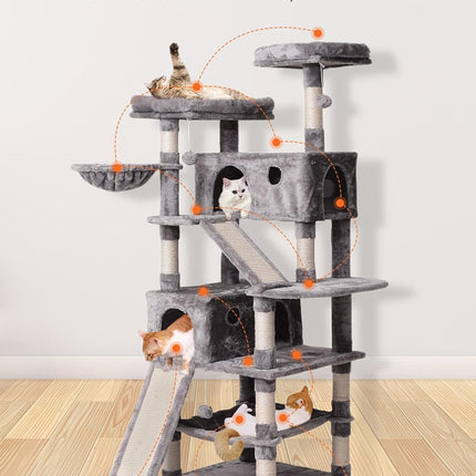 Cat Tree Cat Tower 70.1 In, Multi Level Cat Scratching Post with Condos, Ladders, Basket, Hammock & Plush Perches for Kittens, Large Cats, Light Gray