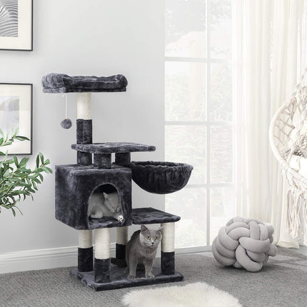 Multi-Level Cat Tree with Cat Cave, Basket Lounger, Padded Perch, Cat Tower, Stable and Safe Plush Cat Condo with Sisal Posts for Kitten, Old Cat, Chubby Cat, Smoky Gray UPCT052G01