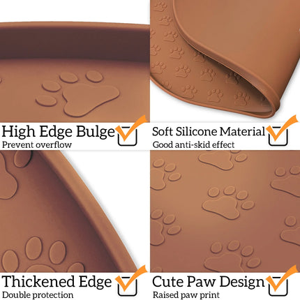 Silicone Pet Placemat for Dogs and Cats, Waterproof Pet Feeding Mat Prevent Food and Water Overflow, High-Lips Dog Food Mats, Brown